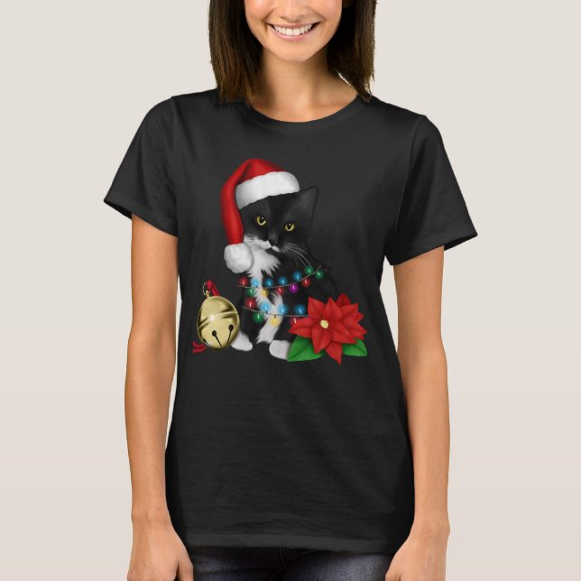 Camiseta Santa Gato Negro Enfrentado En Luces Navidades (Anverso)