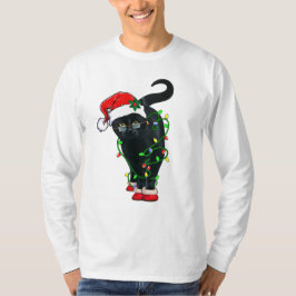 Camiseta Santa Gato Negro Enfrentado En Luces Navidades