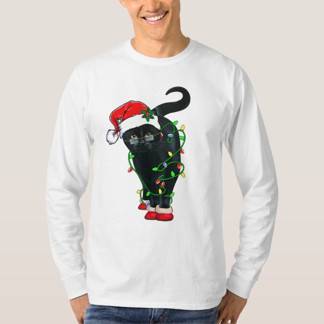 Camiseta Santa Gato Negro Enfrentado En Luces Navidades (Anverso)