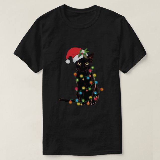 Camiseta Santa Gato Negro Enfrentado En Navidades Encendido (Diseño del anverso)