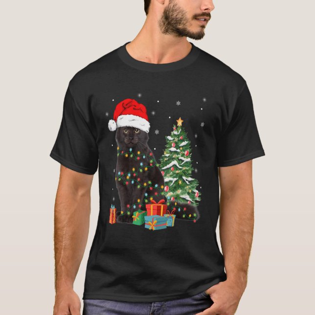 Camiseta Santa Gato Negro Enfrentado En Navidades Enciende  (Anverso)