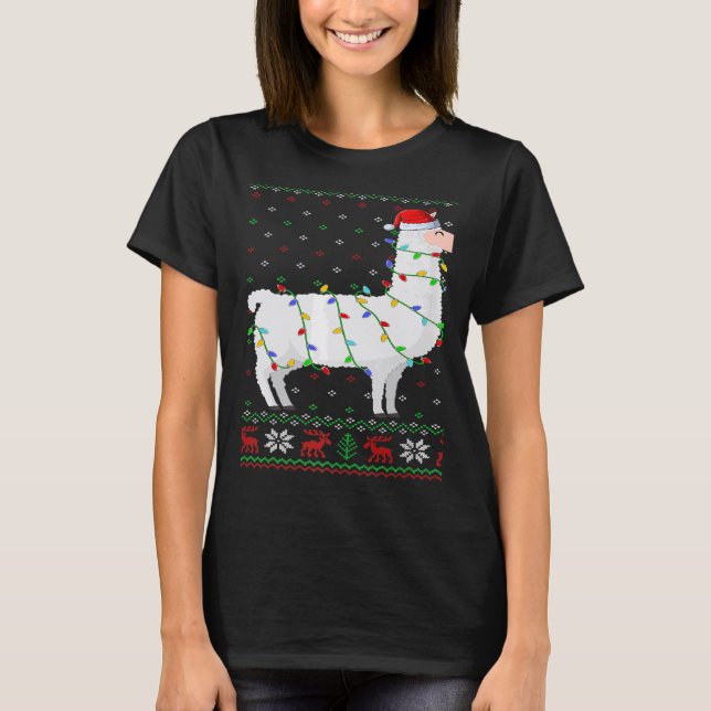 Camiseta Santa Hat Llama Xmas Lights Ugly Llama Christmas (Anverso)
