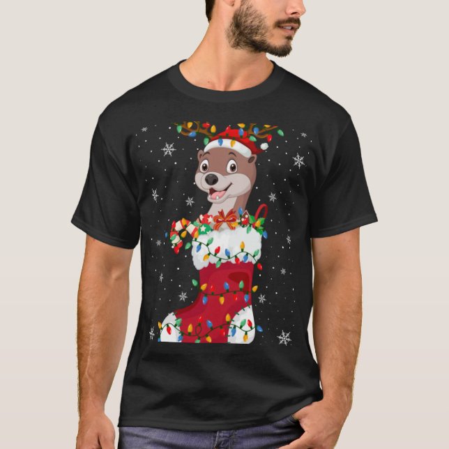 Camiseta Santa Hat Otter Animal In Socks Xmas Tree Lights T (Anverso)