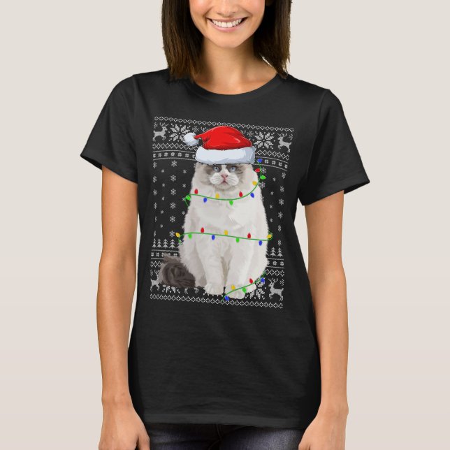 Camiseta Santa Hat Ragdoll Cat Xmas iluminando Ugly Ragdoll (Anverso)