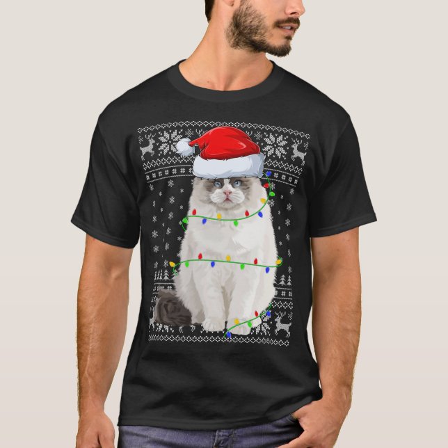 Camiseta Santa Hat Ragdoll Cat Xmas iluminando Ugly Ragdoll (Anverso)