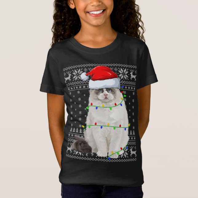 Camiseta Santa Hat Ragdoll Cat Xmas iluminando Ugly Ragdoll (Anverso)