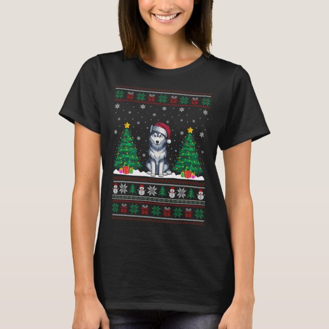 Camiseta Santa Hat Siberian Husky Dog Xmas Tree se ilumina  (Anverso)