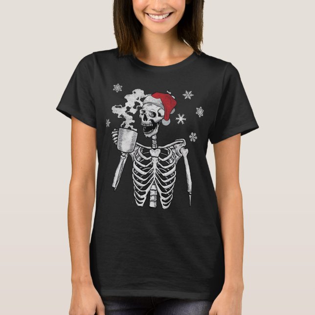 Camiseta Santa Hat Skeleton Sonriente Skull Bebiendo café C (Anverso)