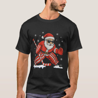 Camiseta Santa jugando portero de hockey sobre hielo Navida