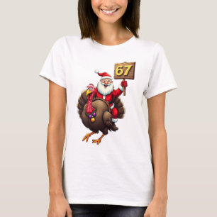 Camiseta 🎅🦃 Santa montado en un pavo con el número 67 Div