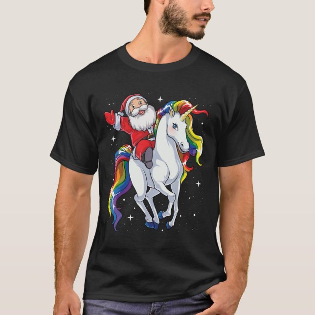 Camiseta Santa montando regalos de Navidad de unicornio Arc (Anverso)