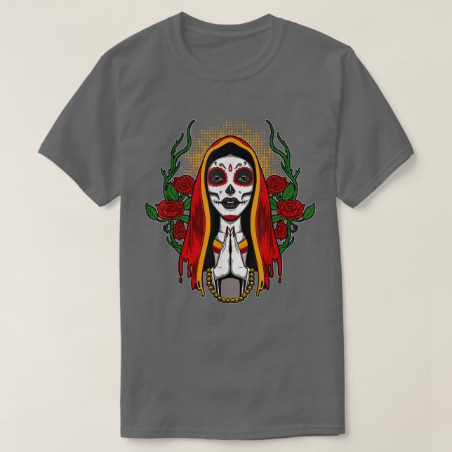 Camiseta Santa Muerte culta Chica con flores  (Diseño del anverso)