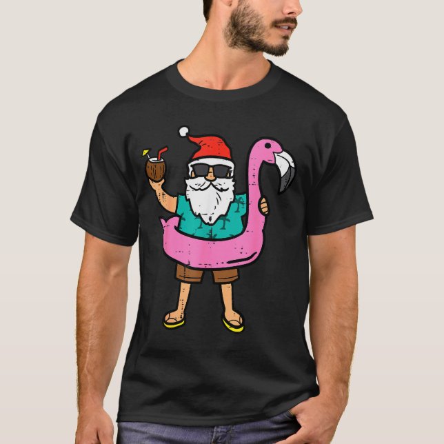 Camiseta Santa On Flamingo Floatie Cute Christmas In July X (Anverso)