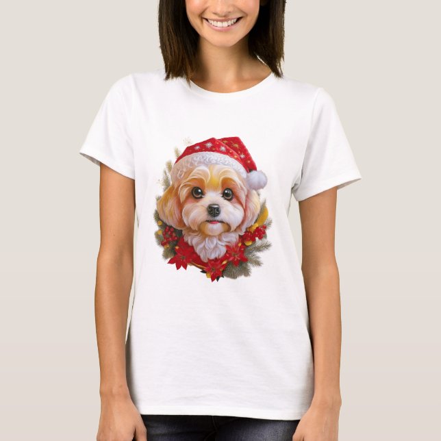 Camiseta Santa Paws Delight" – Holiday Pup in Red Hat (Anverso)