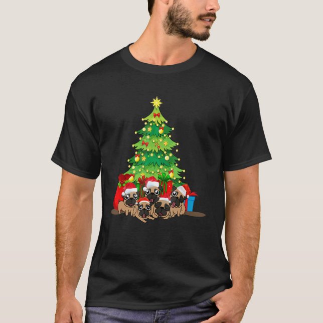 Camiseta Santa Pug Dog Christmas Merry Pugmas Xmas Tree Lig (Anverso)