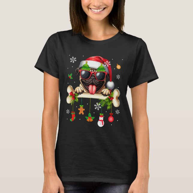Camiseta Santa Pug Sungles Cute Bone Xmas Dueño Familia Niñ (Anverso)
