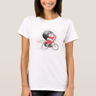 Camiseta Santa que monta en bicicleta con su saco en la