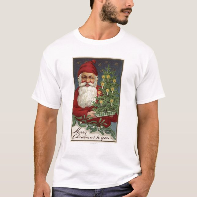 Camiseta Santa que sostiene un árbol iluminado por velas (Anverso)
