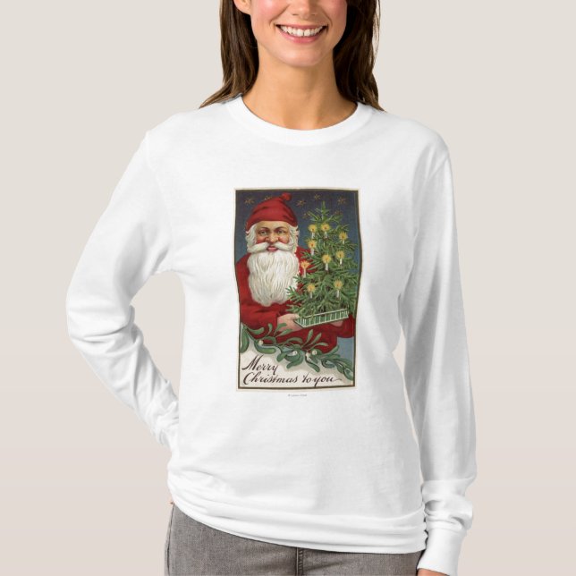 Camiseta Santa que sostiene un árbol iluminado por velas (Anverso)