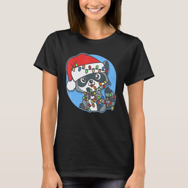 Camiseta Santa Raccoon Christmas Tree Lights  Xmas Raccoon  (Anverso)
