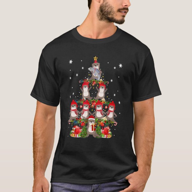 Camiseta Santa Reindeer Elf Otters Christmas Tree Lights An (Anverso)