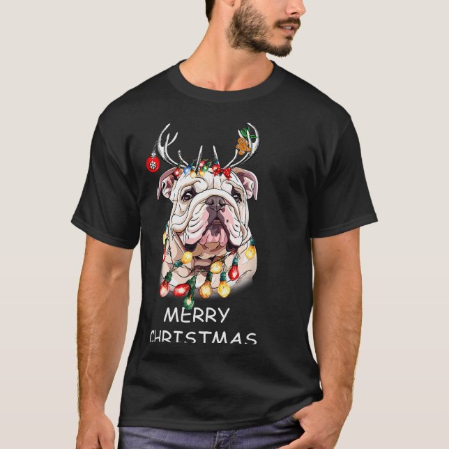 Camiseta Santa Reindeer English Bulldog Dog Christmas Light (Anverso)