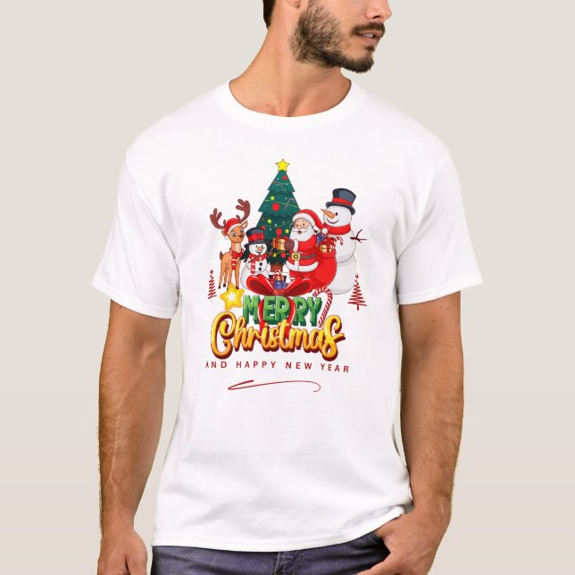 Camiseta 🎄 Santa, Reindeer & Snowman with Christmas Tree – (Anverso)