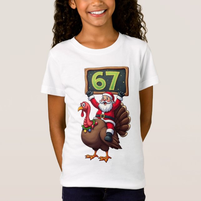 Camiseta 🎅🦃 Santa Riding a Turkey with Number 67 Funny (Anverso)