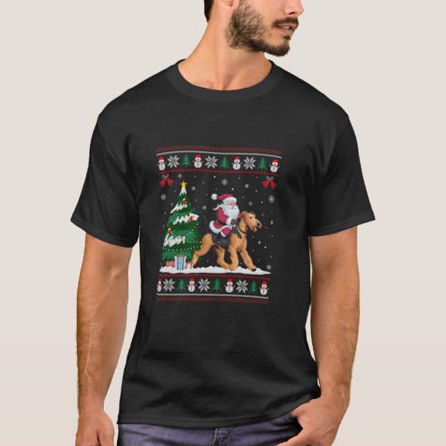 Camiseta Santa Riding Airedale Terrier Perro Iluminando Xm (Anverso)