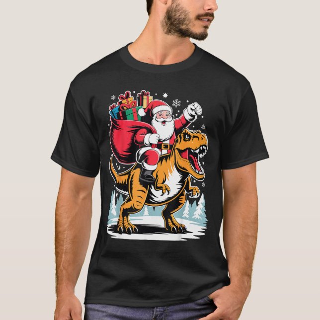 Camiseta Santa Riding Dinosaur T Rex Christmas Boys Xmas  (Anverso)