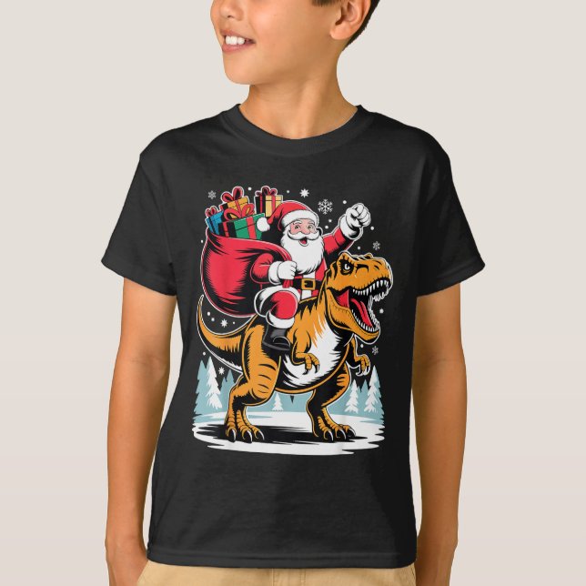 Camiseta Santa Riding Dinosaur T Rex Christmas Boys Xmas  (Anverso)