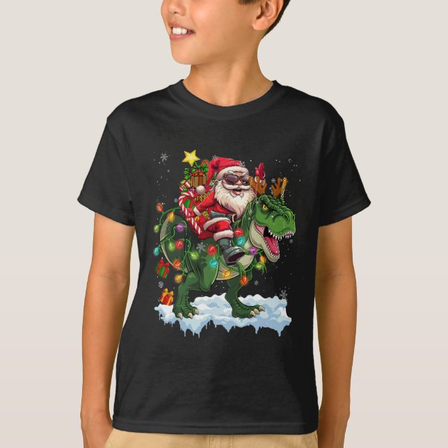 Camiseta Santa Riding Dinosaur T Rex Christmas Light (Anverso)