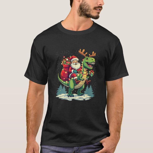 Camiseta Santa Riding Dinosaur T rex Deer Xmas Lights pajam (Anverso)
