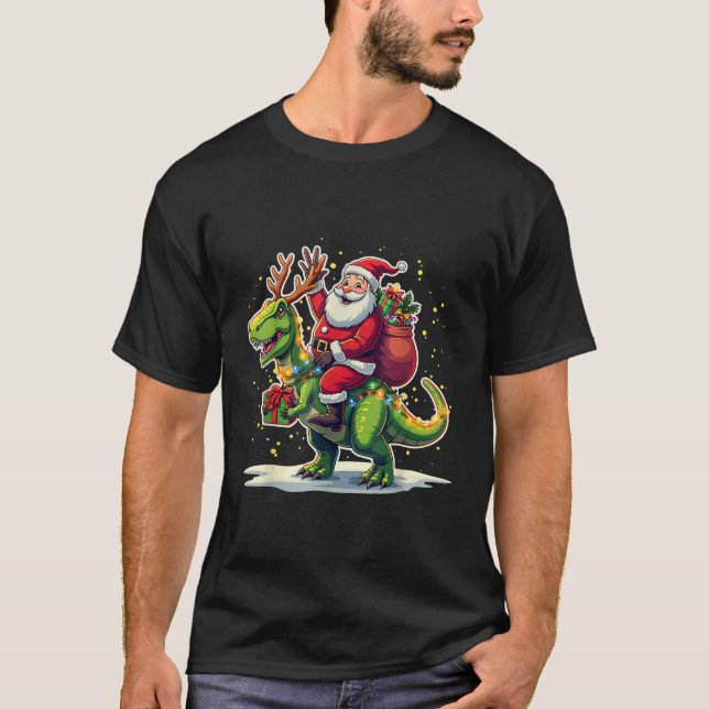 Camiseta Santa Riding Dinosaur T rex Deer Xmas Luces pajam (Anverso)