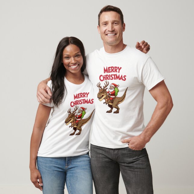 Camiseta Santa Riding Dinosaur T-Rex Merry Christmas (Unisexo)