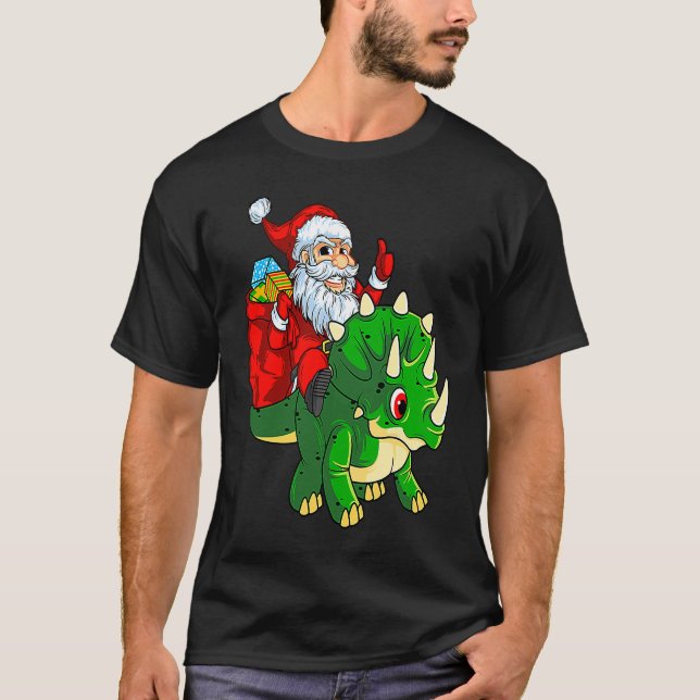 Camiseta Santa Riding Dinosaur Triceratops Dino Christmas B (Anverso)