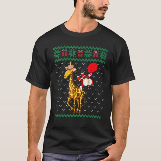 Camiseta Santa Riding Giraffe Unicorn Christmas Ugly Pajama (Anverso)