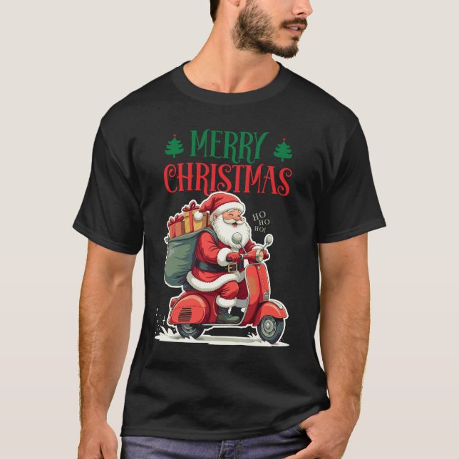 Camiseta Santa Riding Scooter | Feliz Navidad | (Anverso)