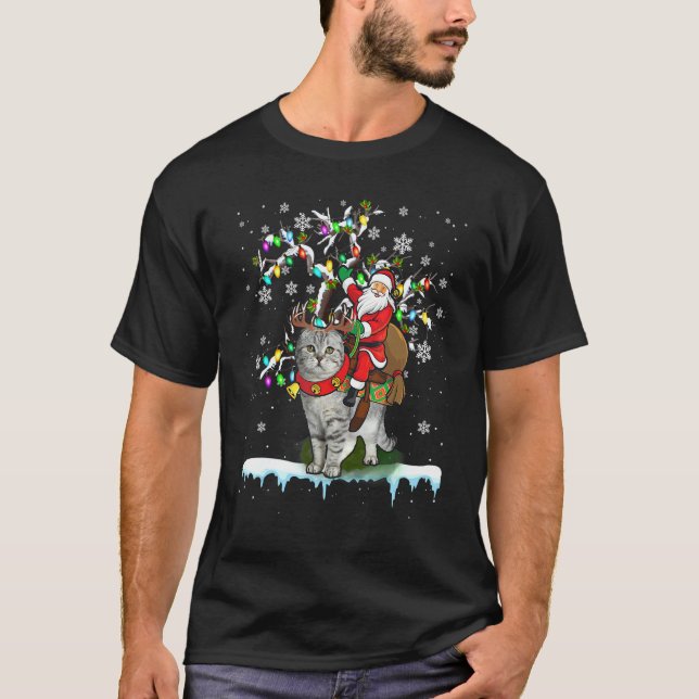 Camiseta Santa Riding Scottish Fold Xmas Tree Santa Cat (Anverso)