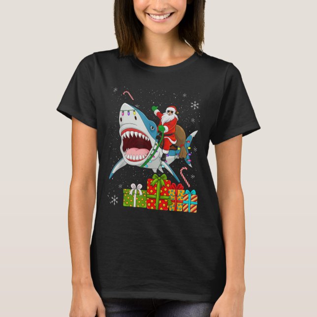Camiseta Santa Riding Shark Christmas Pajama Cute Ocean Ani (Anverso)