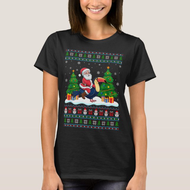 Camiseta Santa Riding Toucans Tree Lights Ugly Christmas Sw (Anverso)