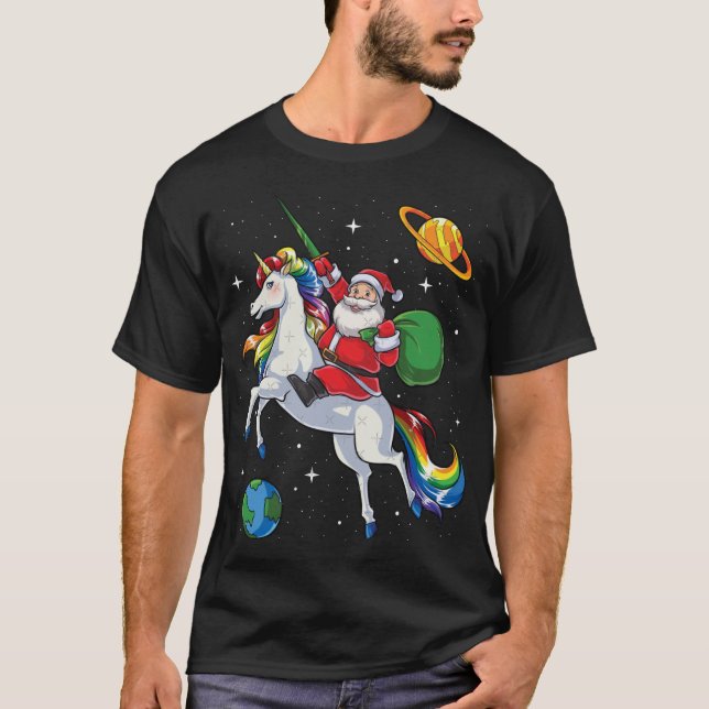 Camiseta Santa Riding Unicorn Christmas Gifts Rainbow Space (Anverso)