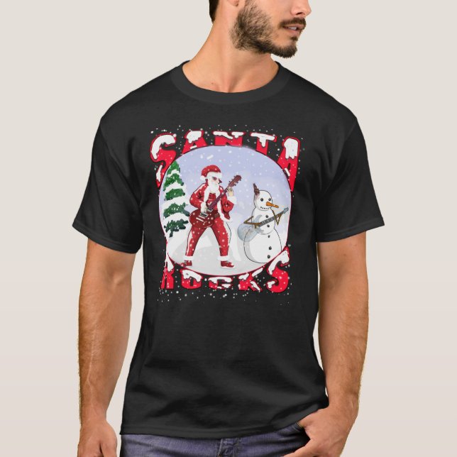 Camiseta Santa Rocks Playing Guitar With Snowman (Anverso)