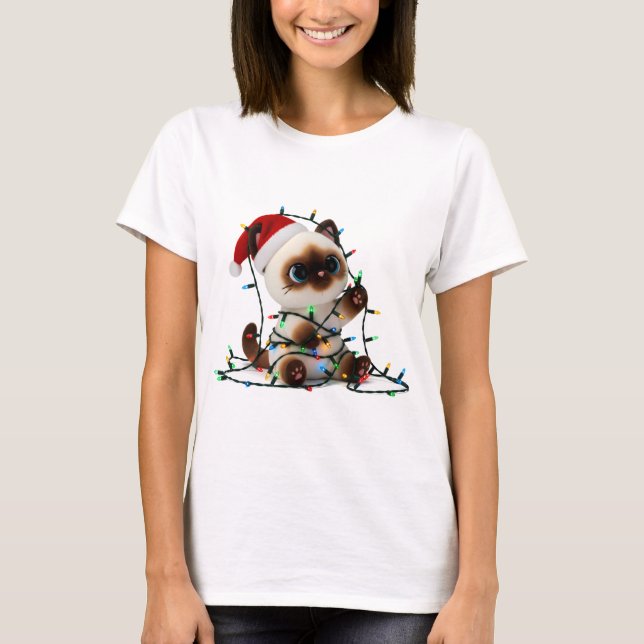 Camiseta Santa Siamese Cat Tangled in Christmas Lights (Anverso)