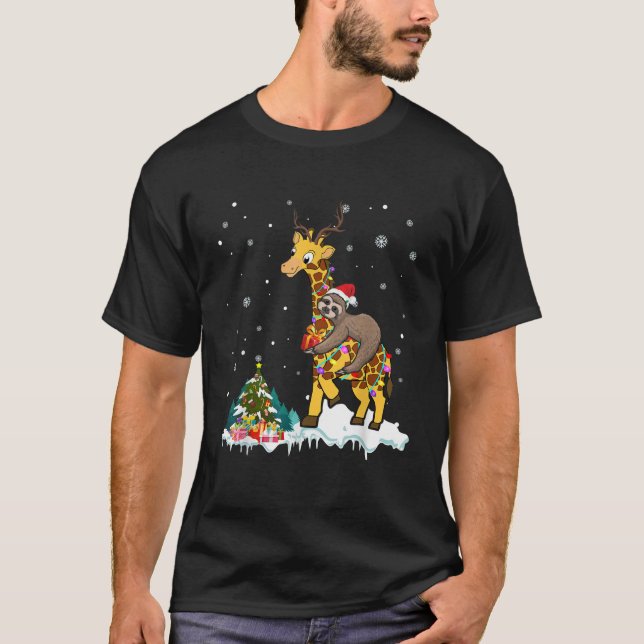 Camiseta Santa Sloth Riding Giraffe Reindeer Xmas Light Lov (Anverso)