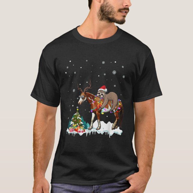 Camiseta Santa Sloth Riding Horse Reindeer Xmas Light Lover (Anverso)