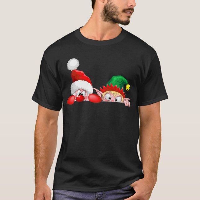 Camiseta Santa y Elf Cute y graciosos personajes Peeking (Anverso)