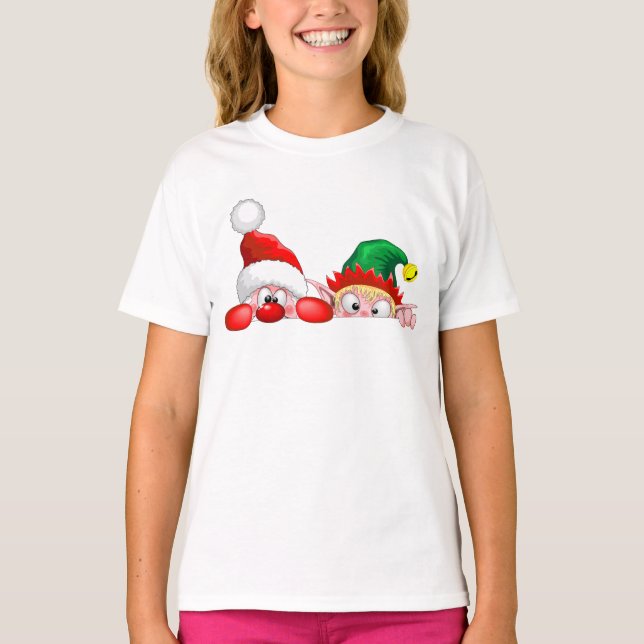 Camiseta Santa y Elf Cute y graciosos personajes Peeking (Anverso)