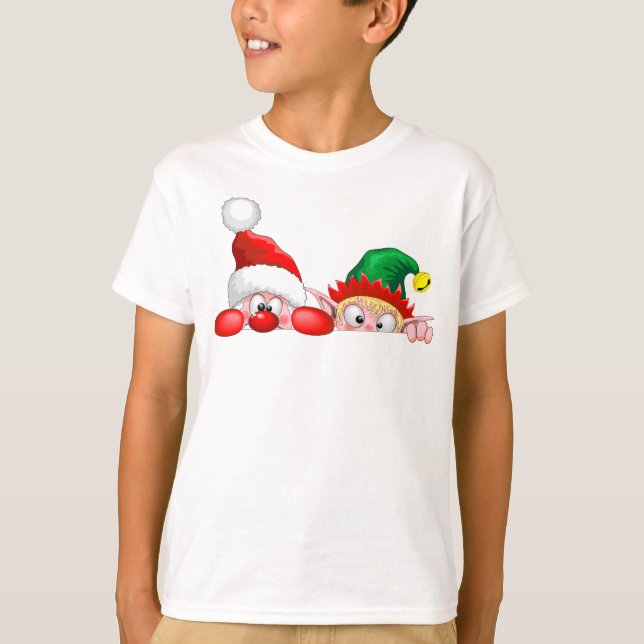 Camiseta Santa y Elf Cute y graciosos personajes Peeking (Anverso)