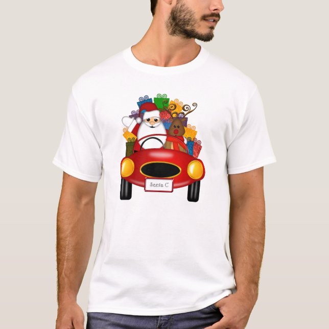 Camiseta Santa y reno en coche deportivo con los regalos (Anverso)